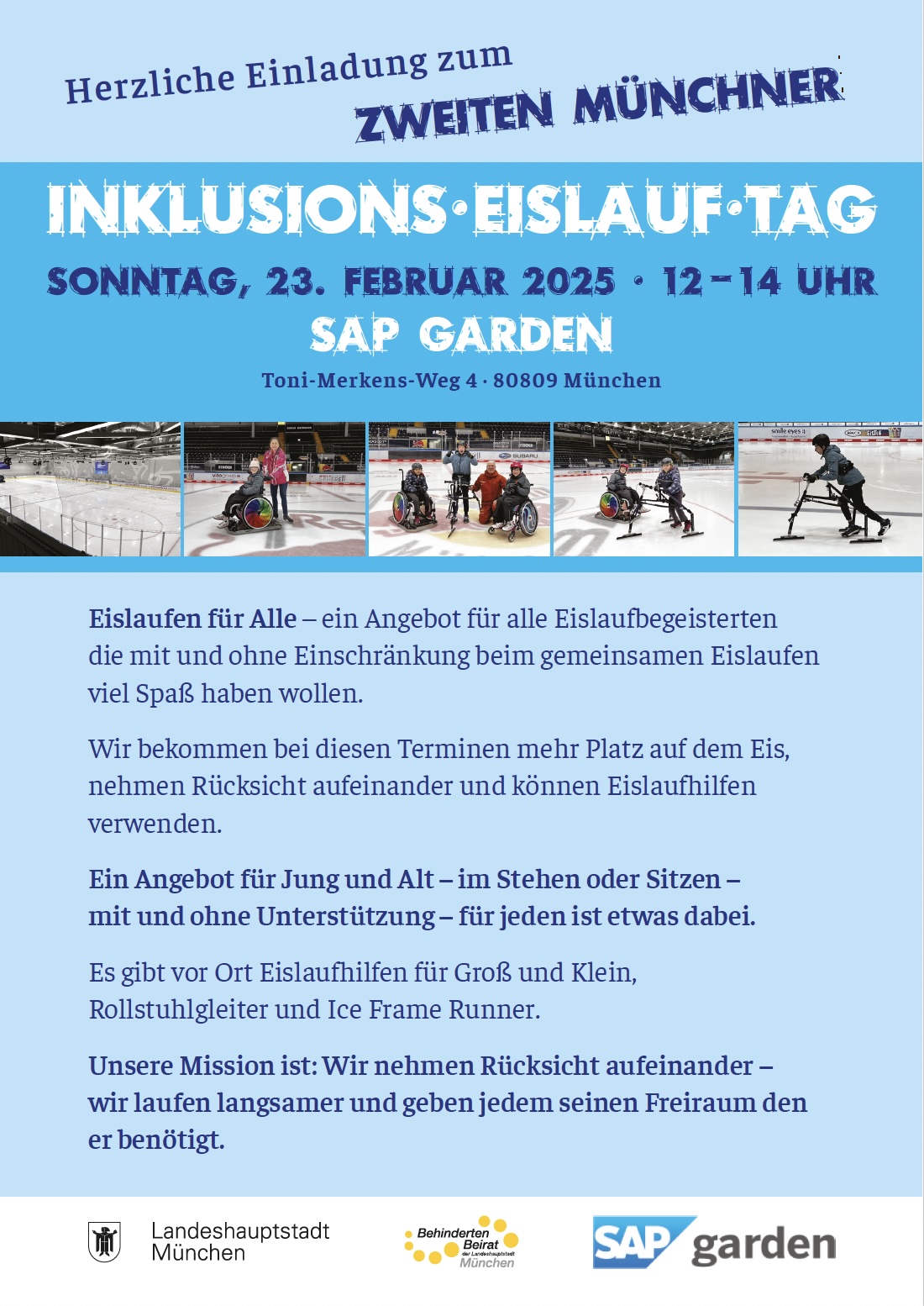 Plakat mit hellblauem Hintergrund und vier Bilder von Menschen mit und ohne Behinderung, die gemeinsam auf dem Eis unterwegs sind. Text steht neben dem Plakat