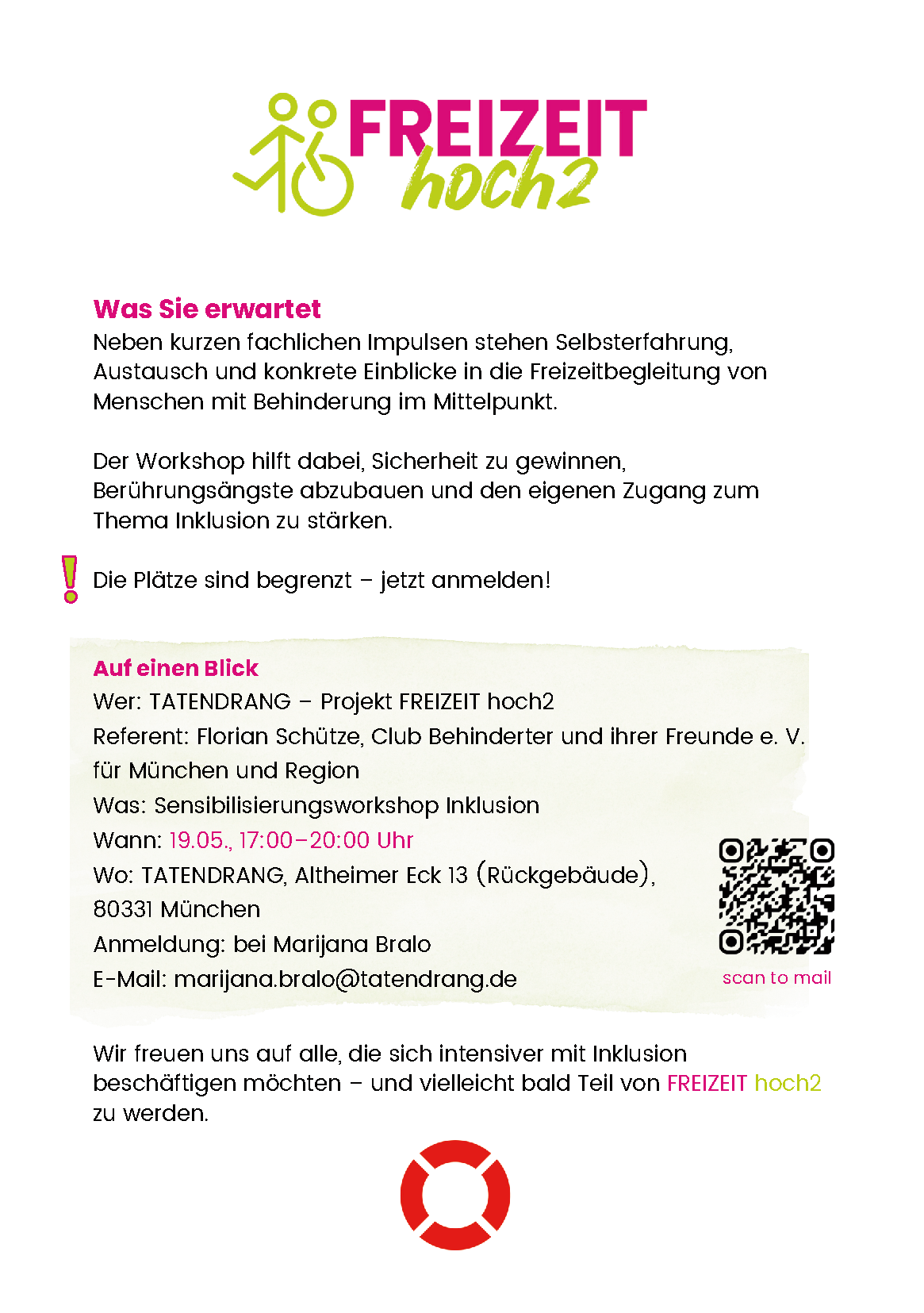 Plakat mit rosafarbenem Titel Für Interessierte an ehrenamtlicher Freizeitbegleitung Sensibilisierungsworkshop Inklusion