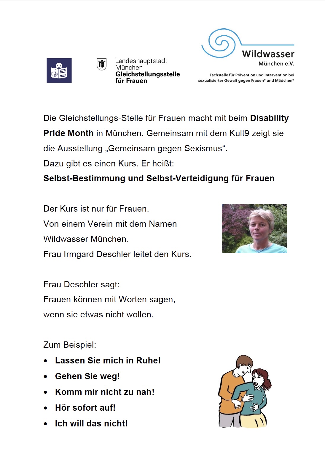 Auszug zum Programm mit drei Logos oben: Leichte Sprache, Landeshauptstadt München Gleichstellungsstelle für Frauen und Wildwasser München e.V. Zum Text sind verschiedene Fotos.