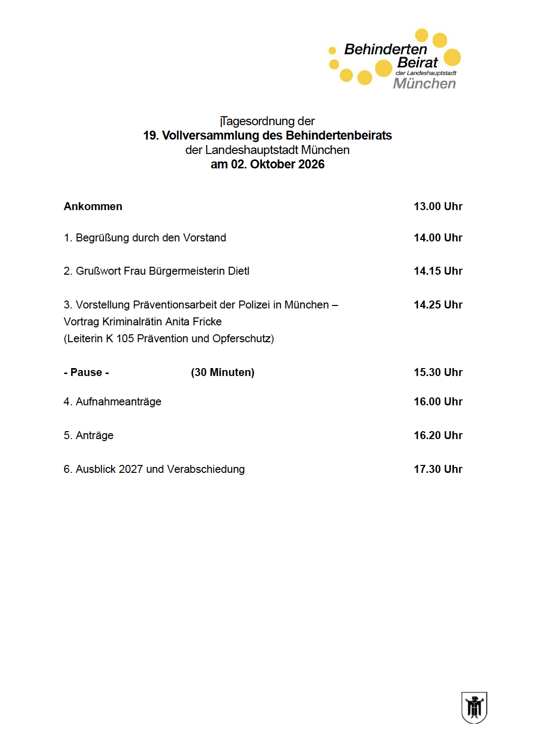Einladung zur Vollversammlung 2.10.2026